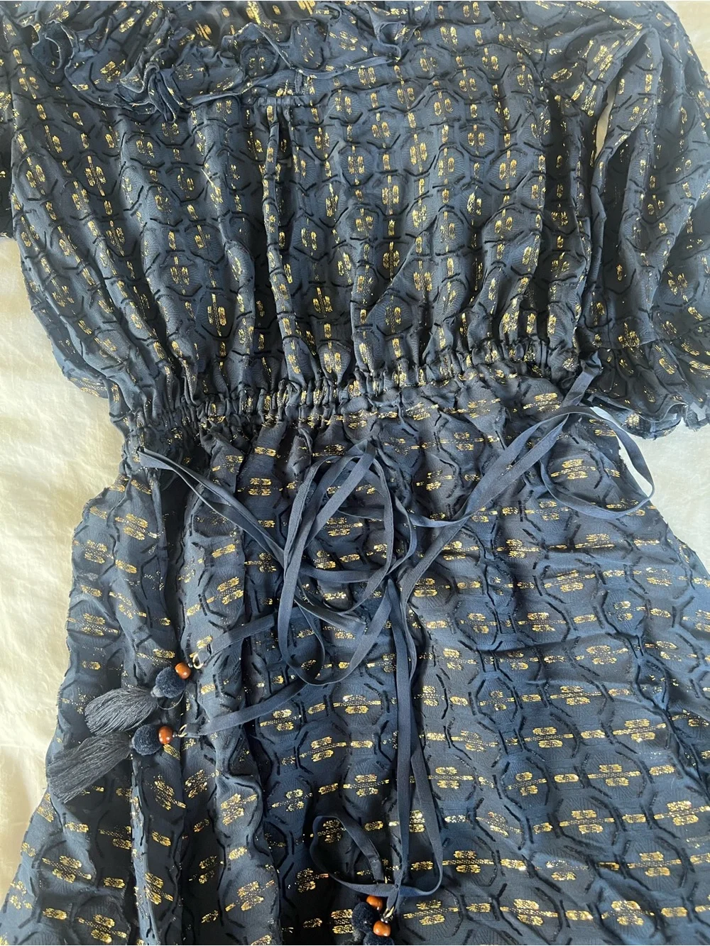 Tory Burch Navy Metallic Clip Dot Ruffle Midi Dress Size 6